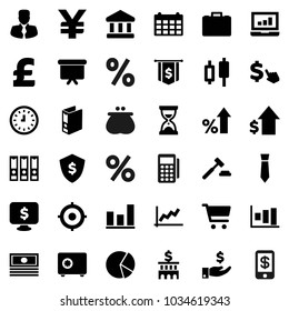 Flat vector icon set - bank vector, graph, pie, cart, japanese candle, laptop, cash, percent growth, manager, case, investment, dollar, auction, building, clock, target, binder, sand, flag, tie