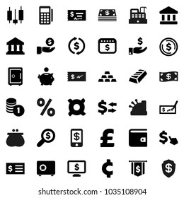 Flat vector icon set - bank vector, exchange, dollar coin, gold ingot, japanese candle, wallet, piggy, investment, stack, check, receipt, money search, flag, safe, calendar, monitor, cursor, pound