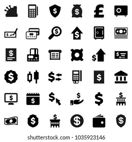 Flat vector icon set - bank vector, exchange, japanese candle, credit card, wallet, cash, investment, dollar growth, check, building, money search, medal, shield, safe, calendar, monitor, cursor
