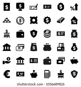 Flat vector icon set - bank vector, dollar coin, gold ingot, credit card, wallet, percent growth, money bag, piggy, investment, check, building, receipt, medal, shield, monitor, any currency, reader
