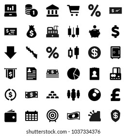 Flat vector icon set - bank vector, exchange, pie graph, cart, japanese candle, laptop, credit card, wallet, cash, crisis, money bag, piggy, coin stack, check, target, man, arrow down, dollar flag