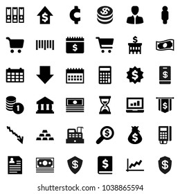 Flat vector icon set - bank vector, graph, cart, laptop, cash, crisis, money bag, manager, dollar growth, coin stack, annual report, building, calculator, search, man, binder, sand clock, arrow down