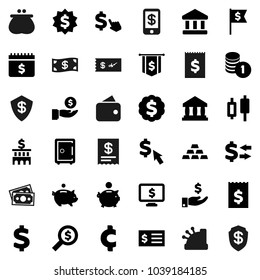 Flat vector icon set - bank vector, exchange, japanese candle, piggy, investment, coin stack, building, receipt, money search, dollar medal, flag, safe, calendar, monitor, cursor, cent sign, wallet