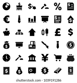 Flat vector icon set - bank vector, dollar coin, graph, gold ingot, pie, cart, japanese candle, credit card, crisis, money bag, piggy, growth, auction, annual report, building, clock, arrow up, tie