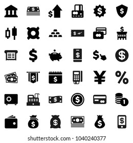 Flat vector icon set - bank vector, dollar coin, japanese candle, credit card, wallet, money bag, piggy, growth, stack, building, medal, flag, shield, safe, calendar, cursor, any currency, yen sign