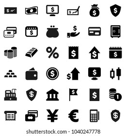 Flat vector icon set - bank vector, dollar coin, gold ingot, japanese candle, credit card, cash, money bag, investment, growth, stack, check, receipt, flag, shield, safe, calendar, monitor, yen