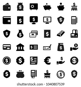 Flat vector icon set - bank vector, dollar coin, gold ingot, credit card, wallet, money bag, piggy, investment, check, building, receipt, medal, shield, safe, monitor, euro sign, reader