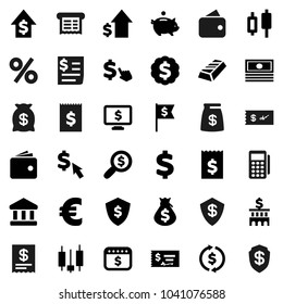 Flat vector icon set - bank vector, exchange, gold ingot, japanese candle, wallet, cash, money bag, piggy, dollar growth, check, building, receipt, search, medal, flag, shield, calendar, monitor