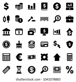 Flat vector icon set - bank vector, dollar coin, graph, japanese candle, laptop, credit card, case, growth, stack, auction, annual report, building, calculator, money search, sand clock, arrow up