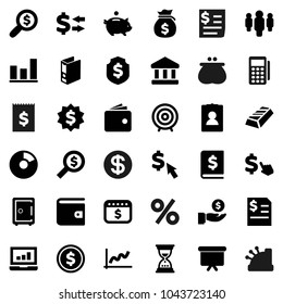 Flat vector icon set - bank vector, exchange, dollar coin, graph, gold ingot, pie, laptop, wallet, money bag, piggy, investment, annual report, search, target, man, binder, sand clock, medal, shield