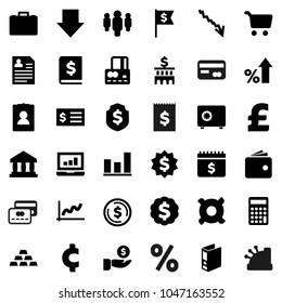 Flat vector icon set - bank vector, dollar coin, graph, cart, laptop, credit card, wallet, crisis, percent growth, case, investment, annual report, building, calculator, receipt, man, binder, medal