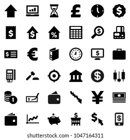 Flat vector icon set - bank vector, graph, japanese candle, laptop, credit card, wallet, cash, crisis, percent growth, piggy, case, dollar, coin stack, auction, check, building, calculator, receipt