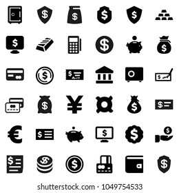 Flat vector icon set - bank vector, dollar coin, gold ingot, credit card, wallet, money bag, piggy, investment, check, receipt, medal, shield, safe, monitor, any currency, euro sign, yen, reader