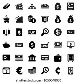 Flat vector icon set - bank vector, gold ingot, japanese candle, wallet, cash, money bag, piggy, coin stack, check, building, receipt, search, dollar flag, shield, safe, calendar, monitor, euro sign