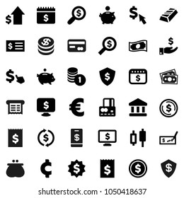 Flat vector icon set - bank vector, exchange, dollar coin, gold ingot, japanese candle, credit card, cash, piggy, investment, growth, stack, check, receipt, money search, medal, shield, calendar