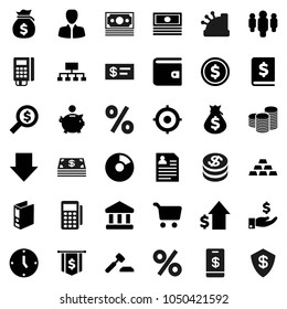 Flat vector icon set - bank vector, dollar coin, pie graph, cart, wallet, cash, money bag, piggy, manager, investment, growth, stack, auction, annual report, search, clock, target, man, binder, flag