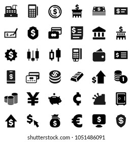Flat vector icon set - bank vector, dollar coin, gold ingot, japanese candle, credit card, money bag, piggy, growth, stack, check, building, receipt, medal, shield, safe, monitor, cursor, euro sign