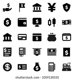 Flat vector icon set - bank vector, japanese candle, wallet, cash, money bag, investment, receipt, dollar flag, shield, calendar, monitor, yen sign, credit card, coin, reader, cashbox
