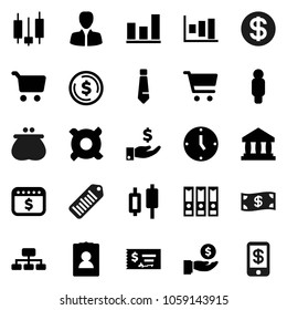 Flat vector icon set - bank vector, dollar coin, graph, cart, japanese candle, manager, investment, check, clock, man, binder, personal information, tie, hierarchy, calendar, any currency, barcode
