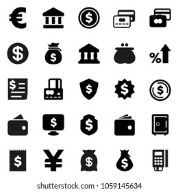 Flat vector icon set - bank vector, dollar coin, credit card, wallet, percent growth, money bag, medal, shield, safe, monitor, euro sign, yen, receipt, reader