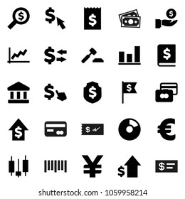 Flat vector icon set - bank vector, exchange, graph, pie, japanese candle, credit card, investment, dollar growth, auction, annual report, receipt, money search, flag, shield, cursor, euro sign, yen