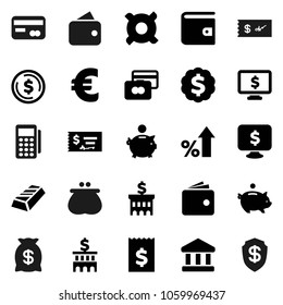 Flat vector icon set - bank vector, dollar coin, gold ingot, credit card, wallet, percent growth, piggy, check, building, receipt, medal, monitor, any currency, euro sign, money bag, reader, shield