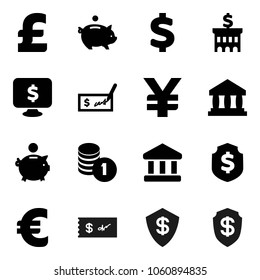 Flat vector icon set - bank vector, piggy, coin stack, check, building, dollar shield, monitor, euro sign, pound, yen