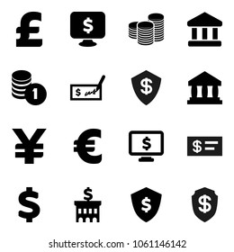 Flat vector icon set - bank vector, coin stack, check, building, dollar shield, monitor, euro sign, pound, yen