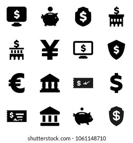 Flat vector icon set - bank vector, piggy, check, building, dollar shield, monitor, euro sign, yen