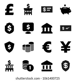 Flat vector icon set - bank vector, piggy, coin stack, building, dollar shield, monitor, euro sign, pound, yen, check
