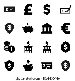 Flat vector icon set - bank vector, piggy, coin stack, check, building, dollar shield, euro sign, pound