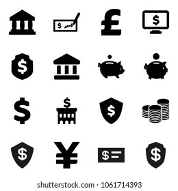 Flat vector icon set - bank vector, piggy, coin stack, check, building, dollar shield, monitor, pound, yen sign