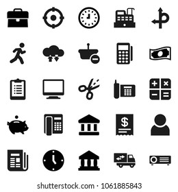 Flat vector icon set - bank vector, cash, piggy, case, clock, clipboard, run, route, phone, newspaper, cloud exchange, user, relocation truck, target, card reader, cashbox, receipt, basket, coupon