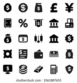 Flat vector icon set - bank vector, gold ingot, japanese candle, credit card, money bag, dollar medal, flag, shield, safe, calendar, monitor, any currency, pound, yen sign, receipt, coin, wallet