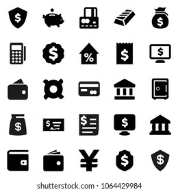Flat vector icon set - bank vector, gold ingot, credit card, wallet, percent growth, money bag, piggy, check, receipt, dollar medal, shield, safe, monitor, any currency, yen sign, reader