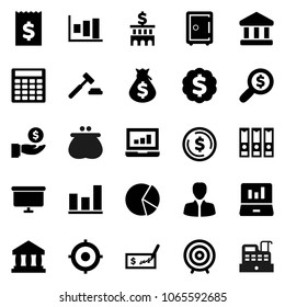 Flat vector icon set - bank vector, dollar coin, graph, pie, laptop, money bag, manager, investment, auction, check, building, calculator, receipt, search, target, binder, presentation board, medal