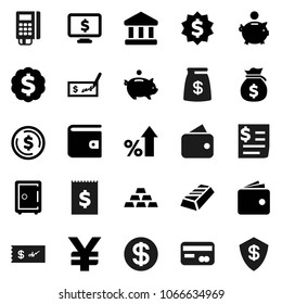 Flat vector icon set - bank vector, dollar coin, gold ingot, wallet, percent growth, money bag, piggy, check, medal, safe, monitor, yen sign, receipt, credit card, reader, shield