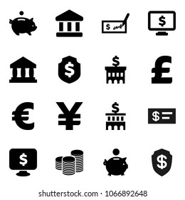 Flat vector icon set - bank vector, piggy, coin stack, check, building, dollar shield, monitor, euro sign, pound, yen