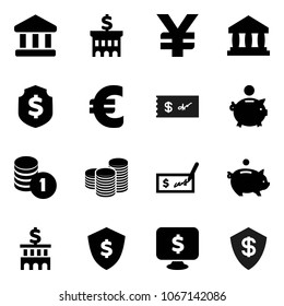 Flat vector icon set - bank vector, piggy, coin stack, check, building, dollar shield, monitor, euro sign, yen