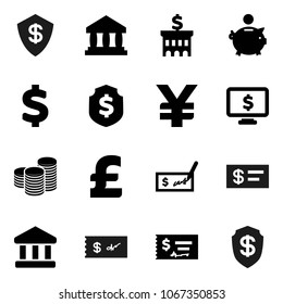 Flat vector icon set - bank vector, piggy, coin stack, check, building, dollar shield, monitor, pound, yen sign