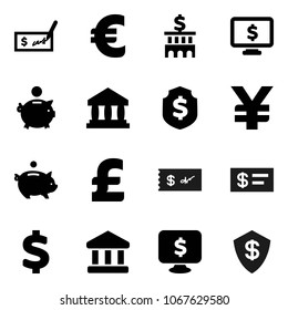 Flat vector icon set - bank vector, piggy, check, building, dollar shield, monitor, euro sign, pound, yen