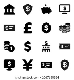 Flat vector icon set - bank vector, piggy, coin stack, check, building, dollar shield, monitor, pound, yen sign