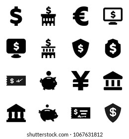 Flat vector icon set - bank vector, piggy, check, building, dollar shield, monitor, euro sign, yen