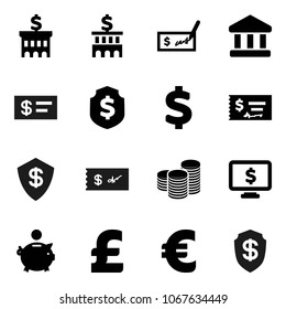 Flat vector icon set - bank vector, piggy, coin stack, check, building, dollar shield, monitor, euro sign, pound