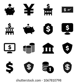 Flat vector icon set - bank vector, piggy, coin stack, building, dollar shield, monitor, yen sign, check