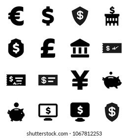 Flat vector icon set - bank vector, piggy, check, building, dollar shield, monitor, euro sign, pound, yen