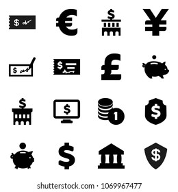 Flat vector icon set - bank vector, piggy, coin stack, check, building, dollar shield, monitor, euro sign, pound, yen
