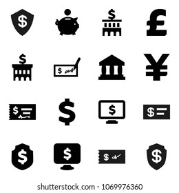 Flat vector icon set - bank vector, piggy, check, building, dollar shield, monitor, pound, yen sign