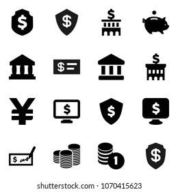 Flat vector icon set - bank vector, piggy, coin stack, check, building, dollar shield, monitor, yen sign