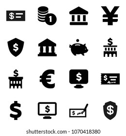 Flat vector icon set - bank vector, piggy, coin stack, check, building, dollar shield, monitor, euro sign, yen